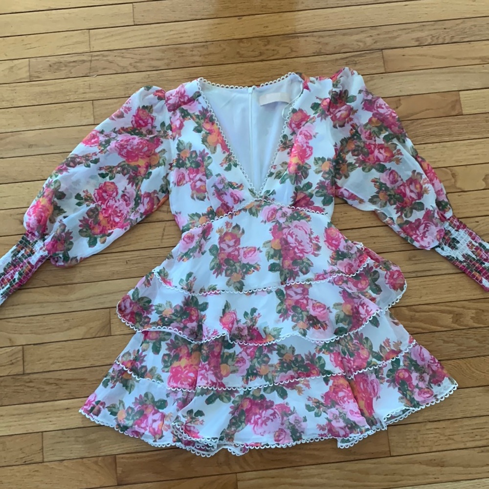 Floral Tiered V-Neck Women's Dress - White with Pink Roses